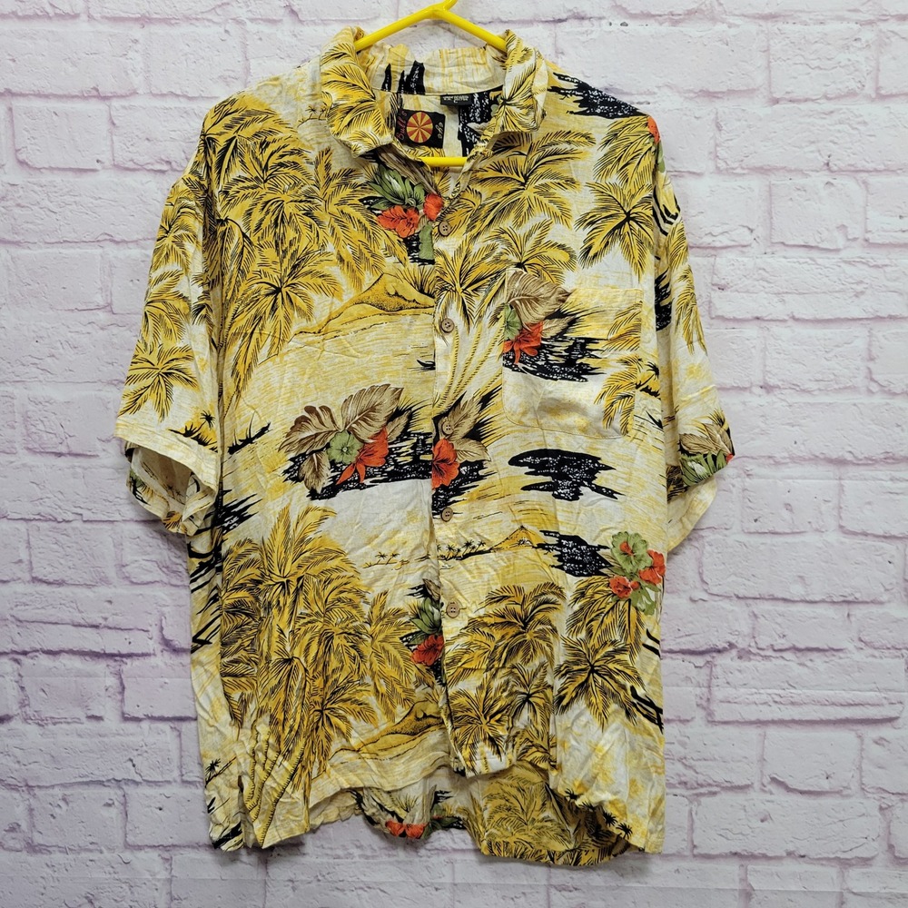 Bull's Eye Yellow Palm Tree Hawaiian Shirt Mens L Tropical Summer Aloha Vacation